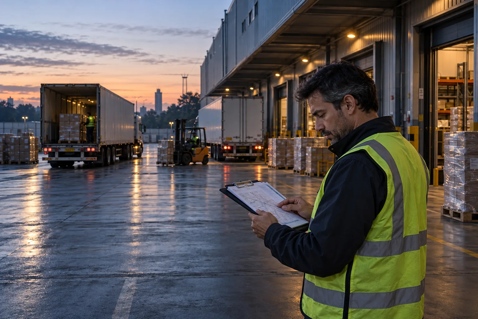 Responsable de logística revisando costos y rutas en un centro de distribución ilustrativo al amanecer