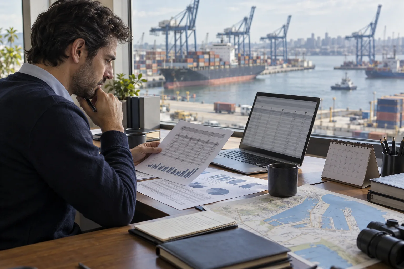 Analista revisa tablas, calendario y mapa frente a un puerto genérico