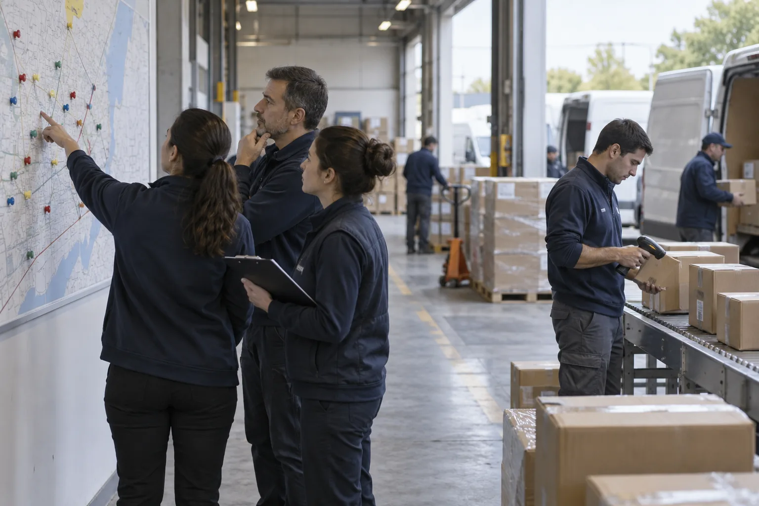 Equipo revisa mapa de rutas mientras se preparan despachos ilustrativos