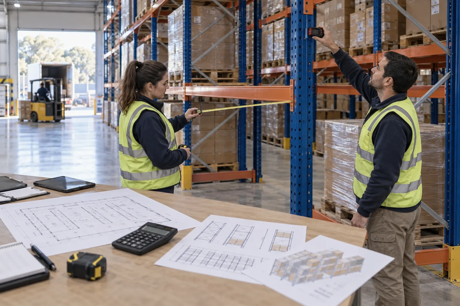 Equipo mide racks y revisa planos de capacidad en un almacén ilustrativo