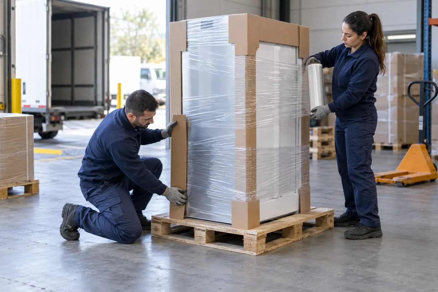 Protección y fijación de un producto grande sobre un pallet