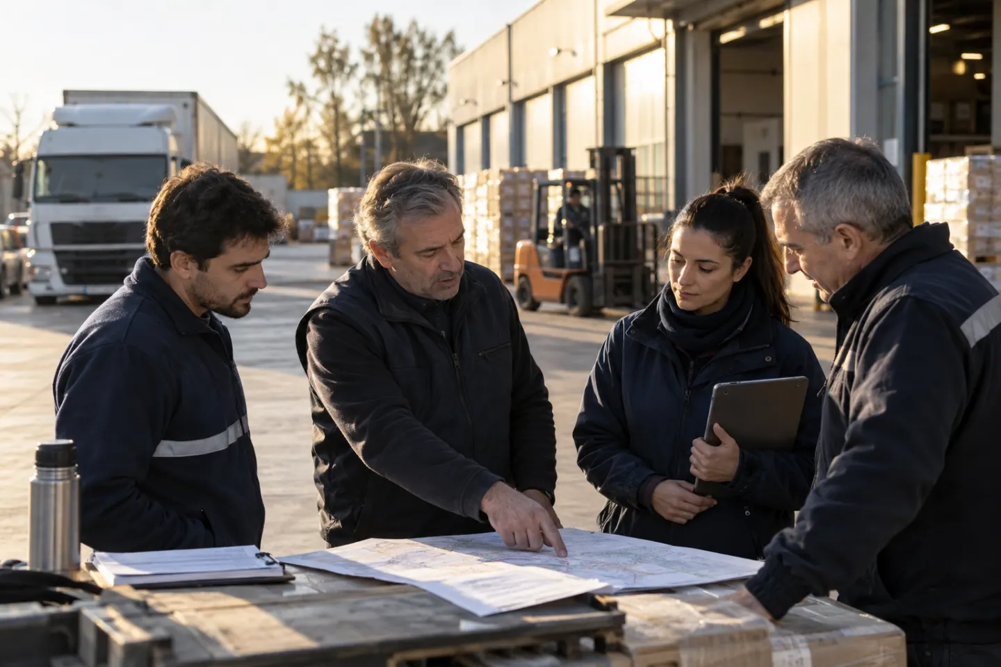 Equipo de transporte revisando la planificación de rutas