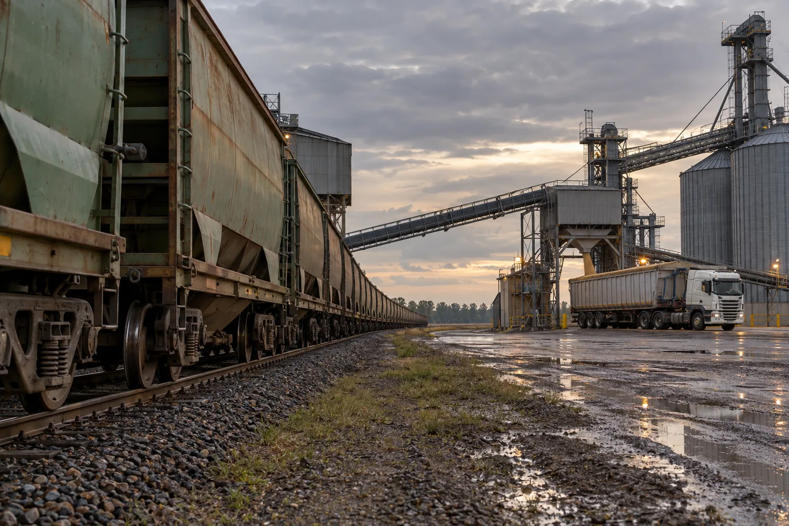 Tren de cargas y camión en una terminal intermodal cerealera ilustrativa después de la lluvia