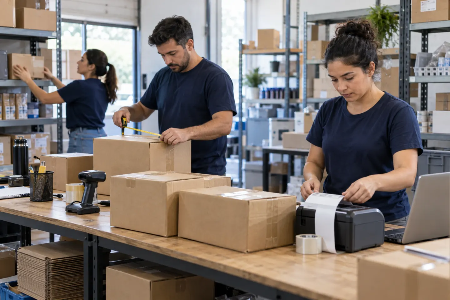 Equipo preparando, midiendo y etiquetando pedidos de ecommerce