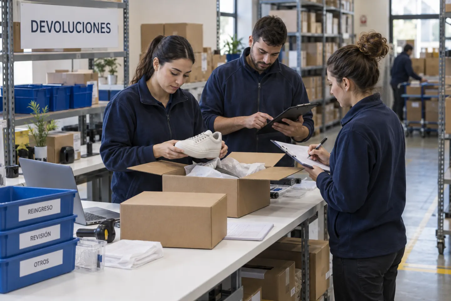 Equipo revisando el estado de un producto devuelto